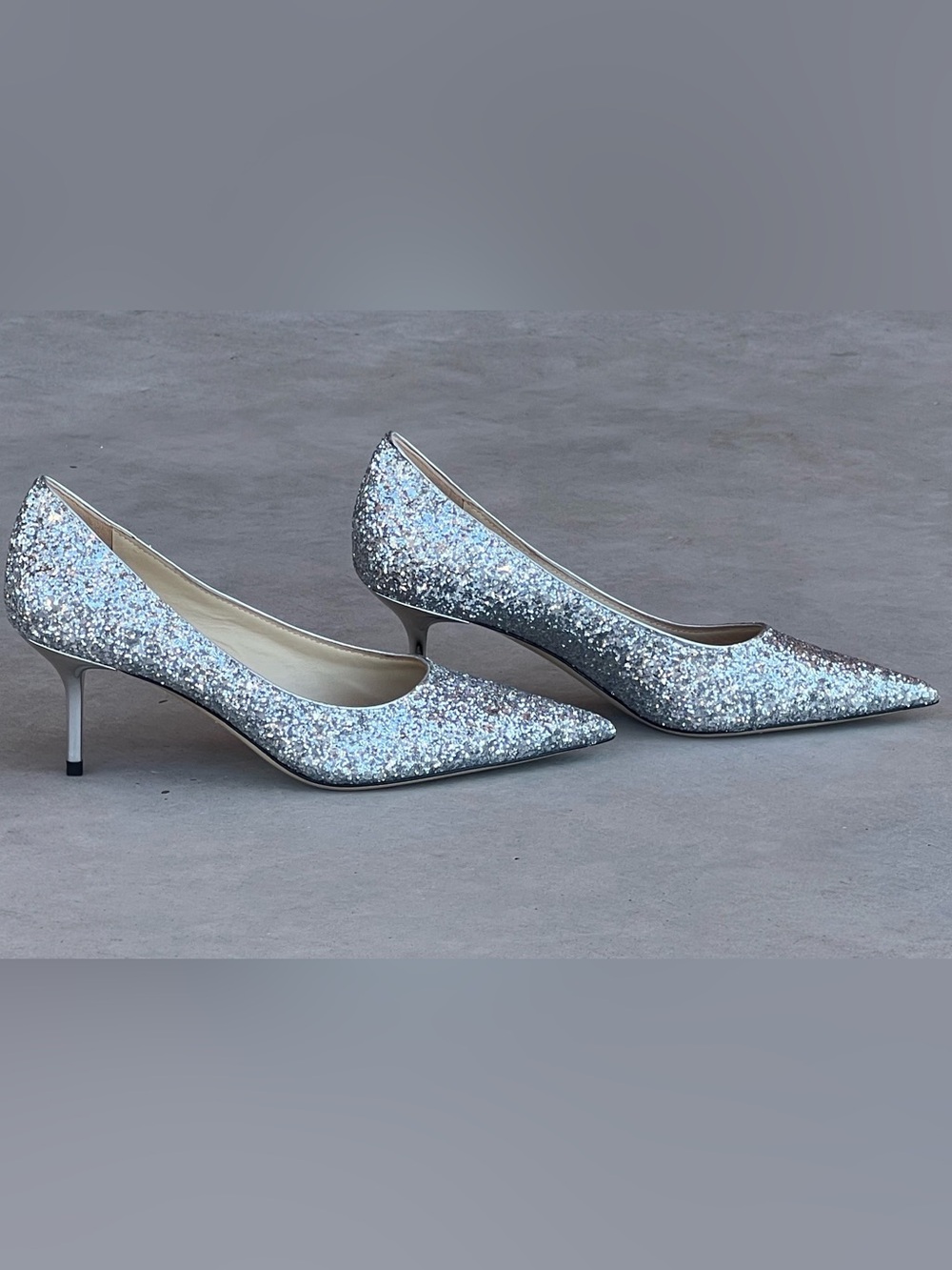 Jimmy Choo Silver Glitter Kitten Heel Pointed Toe Pumps EU 38 Bridal NWOB
